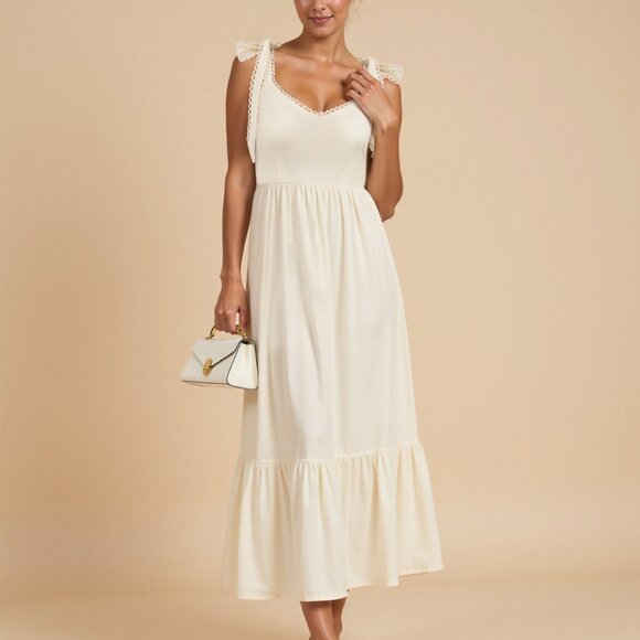 New York & Company Tie Shoulder Smocked Maxi Sun Dress Size MEDIUMMEDIUM / BLUE - Picture 3 of 3